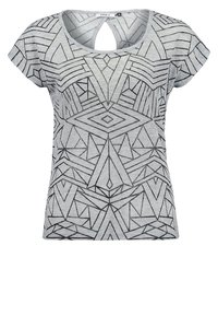 Haut gris clair à manches courtes avec un col rond et des motifs géométriques noirs sur le devant.