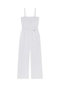 Bílé overaly s tenkými ramínky, elastick�ým pasem a širokými nohavicemi. Má vlnkovaný lem a jemně strukturovanou tkaninu.