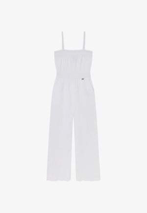 Białe kombinezon z cienkimi ramiączkami, elastycznym pasem w talii oraz szerokimi nogawkami. Posiada falbaniasty dół i subtelną fakturę materiału.