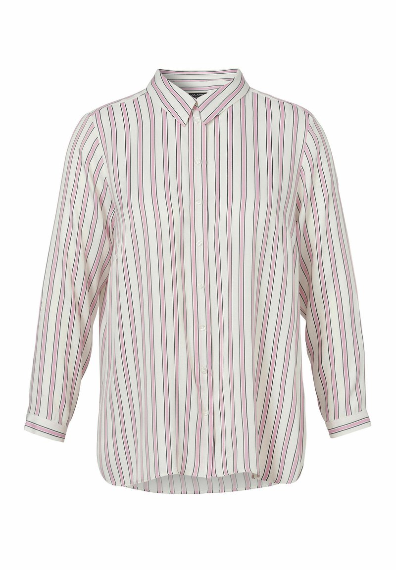 White button-up shirt with pink and navy vertical stripes. Features a collar, long sleeves, and a curved hemline. Smooth fabric texture.