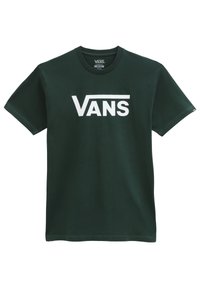 Camiseta de algodón verde oscuro con mangas cortas, que presenta un gran logo blanco de "VANS" impreso en el pecho. Textura de tela suave.