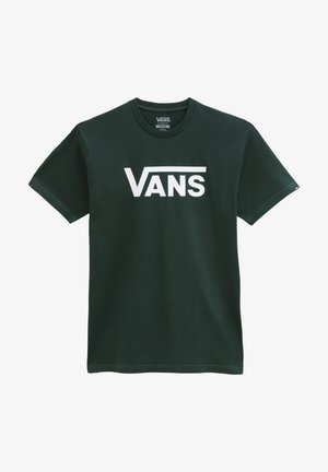Tmavě zelené bavlněné tričko s krátkými rukávy, na přední straně s velkým bílým logem "VANS" vytištěným přes hruď. Hladká textura látky.