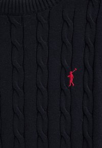 Tessuto nero a maglia con motivi intrecciati verticali e un piccolo giocatore di polo ricamato in rosso che tiene una mazza.