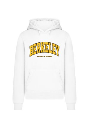 Weiße Kapuzenjacke mit gelbem "BERKELEY"-Grafik und dem Text "UNIVERSITY OF CALIFORNIA" darunter. Kängurutasche und gerippte Bündchen.