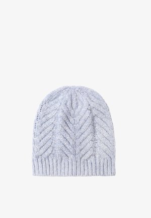 Hellblau gestrickte Beanie-Mütze mit strukturiertem Zickzackmuster, geripptem Bündchen und weicher, dicker Wolle für Wärme.