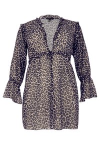 Luipaardprint, doorzichtige stof, v-hals met strikdetail, lange mouwen met ruffle manchetten. Kleuren: beige en zwart. Lengte: boven de knie.