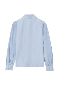 Camicia a maniche lunghe a righe azzurro chiaro con colletto classico, polsini con bottoni e taglio dritto. Realizzata in tessuto liscio. Senza motivi visibili.