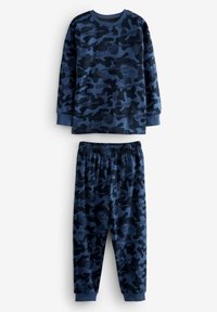 Ensemble de pyjama camouflage bleu marine ; haut à manches longues avec accents textuels, bas assortis avec taille élastique, tissu doux, coupe décontractée.