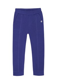 Paarse joggingsbroek met elastische tailleband, twee zijzakken en ribgebreide boorden. Gemaakt van zacht materiaal met paneelstiksels.