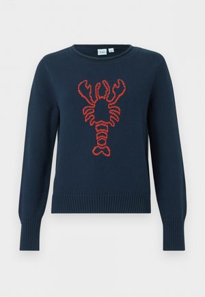 Jersey de punto azul marino con un gran gráfico de una langosta roja centrado en el frente, con puños y dobladillo acanalados.