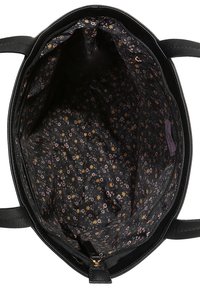 Sac fourre-tout en cuir noir avec une doublure en tissu noir à motif floral, doté d'une fermeture éclair et de deux poignées. L'intérieur comprend une poche plaquée.