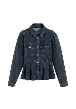 Schwarze Jeansjacke mit langen Ärmeln, Knopfleiste, zwei Brusttaschen mit Klappen und einem ausgestellten Volant-Saum.