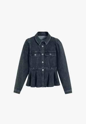 Schwarze Jeansjacke mit langen Ärmeln, Knopfleiste, zwei Brusttaschen mit Klappen und einem ausgestellten Volant-Saum.