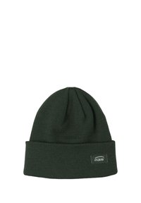 Bonnet en tricot vert foncé avec un revers. Présente une petite étiquette blanche avec la marque "OXBOW" à l'avant. Texture douce.
