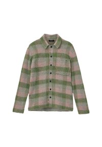 Καρό πουκάμισο με κουμπιά, σε αποχρώσεις πράσινου και ροζ, κατασκευασμένο από υφή υφάσματος, με τσέπη στο στήθος και μαύρα κουμπιά. Σχεδιασμός με γιακά.