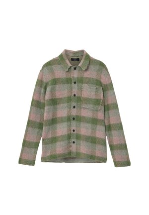 Rutet skjorte med knapper i grønne og lyserøde nuancer, lavet af tekstureret stof, med brystlomme og sorte knapper. Skjorten har krave.