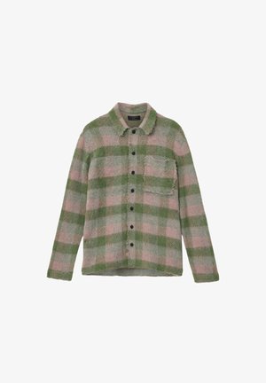 Ruudullinen kauluspaita vihreissä ja vaaleanpunaisissa sävyissä, valmistettu teksturoidusta kankaasta, jossa on rintatasku ja mustat napit. Kauluksellinen malli.