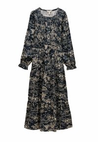 Tmavomodré šaty s dlhým rukávom a zberovými detailmi, so žiadaným bielym botanickým motívom, okrúhlym výstrihom a viacvrstvovým lemom. Jemná textúra látky.