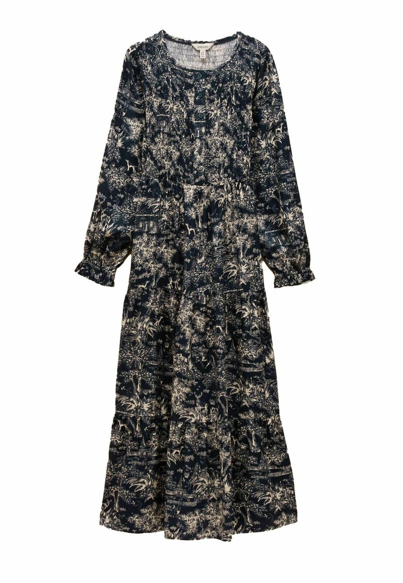 Tmavomodré šaty s dlhým rukávom a zberovými detailmi, so žiadaným bielym botanickým motívom, okrúhlym výstrihom a viacvrstvovým lemom. Jemná textúra látky.