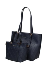Borsa a spalla in pelle trapuntata blu navy con hardware dorato, dotata di due manici e una borsa a mano più piccola abbinata, entrambe con motivi a rombi.