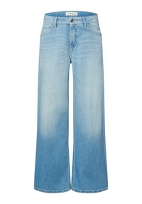 Helle blaue weitem Bein Jeans mit einem verblassten Farbverlauf, aus Denim-Stoff, mit fünf Taschen, Knopfverschluss und Gürtelschlaufen.