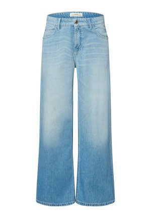 Helle blaue weitem Bein Jeans mit einem verblassten Farbverlauf, aus Denim-Stoff, mit fünf Taschen, Knopfverschluss und Gürtelschlaufen.