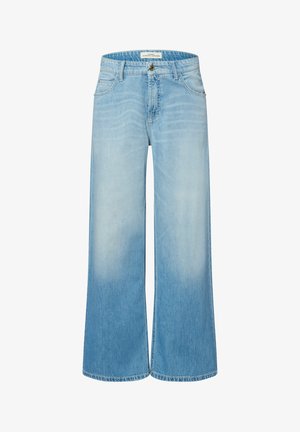 Helle blaue weitem Bein Jeans mit einem verblassten Farbverlauf, aus Denim-Stoff, mit fünf Taschen, Knopfverschluss und Gürtelschlaufen.