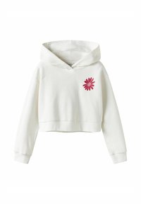 Witte cropped hoodie met een zachte textuur, voorzien van een roze bloemenborduursel op de linkerborst en een grote capuchon voor bescherming.