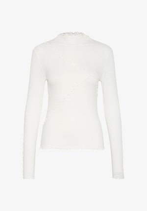 Witte lange mouw top van ribgebreide stof. Heeft een gerimpelde halslijn en zoom met schuine naaddetails. Strak aansluitend ontwerp.