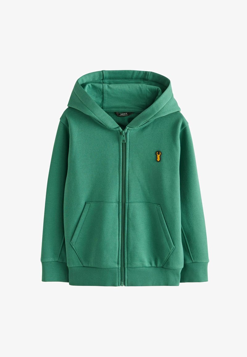 Green zip-up hoodie made of soft fabric. Features a kangaroo pocket, ribbed cuffs, and a small embroidered lobster detail on the chest.