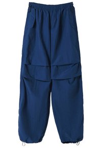 Navy blue, lightweight pants with an elastic waistband, two side pockets, and a layered design featuring a wide-cut silhouette.