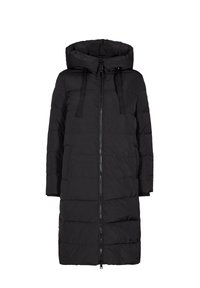 Lång svart vadderad vinterjacka med huva, framdragkedja och sidofickor, designad för värme och skydd mot kyla.