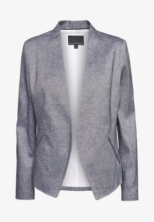 Tailored grijze damesblazer met revers zonder inkeping, lange mouwen, voorzakken met beleg en een Banana Republic-label aan de binnenkant van de kraag.