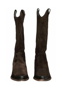 Brune suede western-stil støvler med høj skaft, dekorativ syning, spids tå og en let hævet hæl.