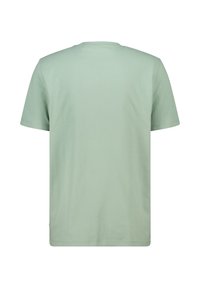 Light green cotton t-shirt with a crew neck, short sleeves, and a relaxed fit. Smooth texture, no visible patterns or accents. Back view.