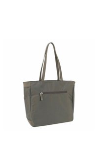 Grå nylon tote taske med to lange stropper, en lynlås lomme på fronten og kontrasterende mørkere detaljer i bunden. Glat tekstur.