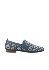 Blaues Slip-On-Schuh mit weißem geometrischem Perlenmuster, niedriger Holzferse und Zugschlaufe an der Ferse, im Profil auf weißem Hintergrund gezeigt.