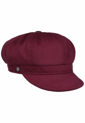 Maroon wool baker boy cap with rounded crown, short stiff brim, and small metal button detail on side band.