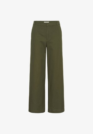 Olive zaļas platās bikses, izgatavotas no kokvilnas auduma maisījuma, ar strukturētu jostasvietu, priekšējiem krokām un bez redzamām rotājumiem.