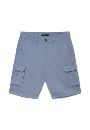 Blaue Herren-Cargoshorts mit Gürtelschlaufen, Knopf- und Reißverschluss, zwei seitlichen Taschen und zwei Klappentaschen an den Oberschenkeln.