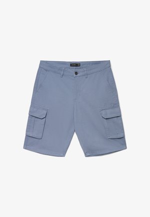 Pantaloncini cargo da uomo blu con passanti per cintura, chiusura con bottone e zip, due tasche laterali e due tasche con patta sulle cosce.