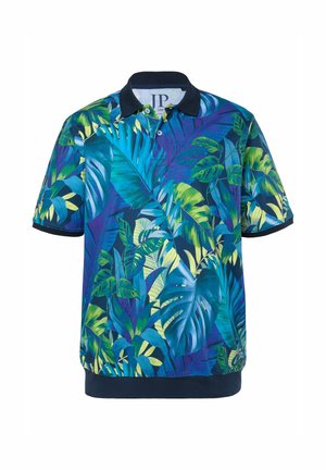 Kurzärmeliges Poloshirt mit tropischen Blattmustern in Blau, Grün und Gelb sowie einem einfarbigen, dunklen Kragen und Saum.