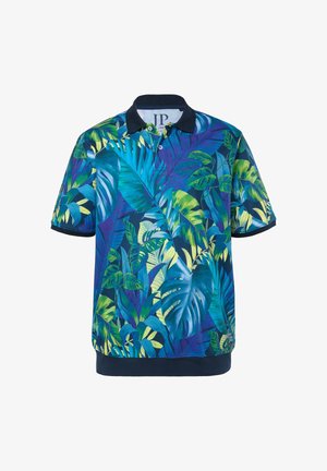 Koszulka polo z krótkim rękawem ozdobiona tropikalnymi wzorami liści w odcieniach niebieskiego, zielonego i żółtego, z jednolitym ciemnym kołnierzykiem i obszyciem.