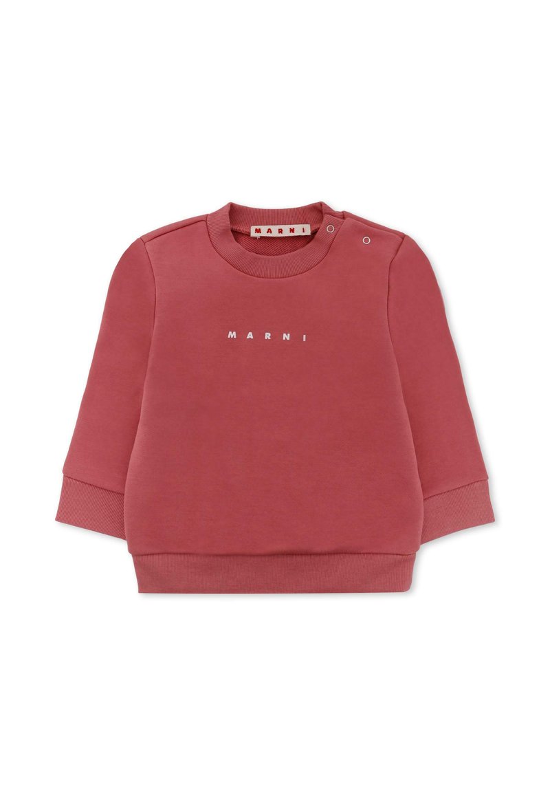 Felpa in cotone color rosa polveroso con maniche lunghe, scollo e polsini a costine, con logo "MARNI" in bianco sul fronte. Due bottoni a pressione sulla spalla.