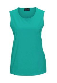 Mouwloos topje in levendig teal, gemaakt van gladde stof. Heeft een ronde halslijn en een ontspannen pasvorm, zonder zichtbare naden of versieringen.
