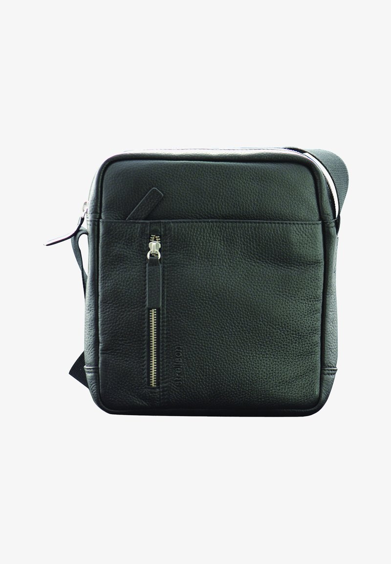 Sacoche en cuir noir avec une finition texturée, dotée d'une poche zippée à l'avant, d'une fermeture zippée sur le dessus et d'une bandoulière réglable.