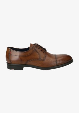 Brown leather dress shoe with a smooth toe and perforated design on the side, featuring black rubber sole and laces. Red accent on heel.