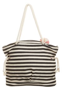 Sac en coton rayé noir et blanc avec des poignées en corde tressée, fermeture coulissante et détails matériels décoratifs. Texture douce, design décontracté.