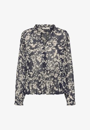 Priehľadná námornícka blúzka s bielym kvetinovým vzorom, dlhými rukávmi, zapínaním na gombíky vpredu, volánovým golierom a nariaseným pásom.