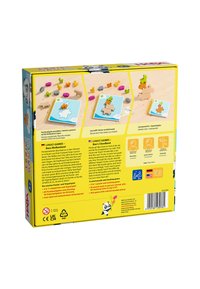 Wooden puzzle game box featuring colorful animal pieces, spiral-bound booklet, and bright yellow background with panda graphics.